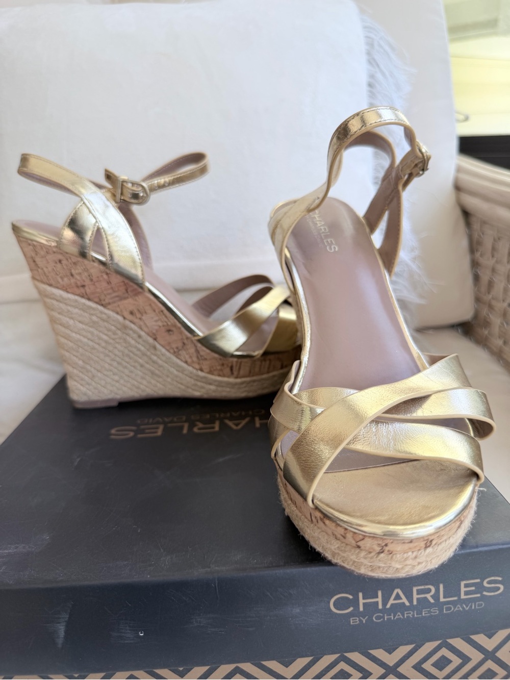 Charles David Metallic Gold Braided Espadrille Wedges with Ankle Wrap 10 - Picture 6 of 10